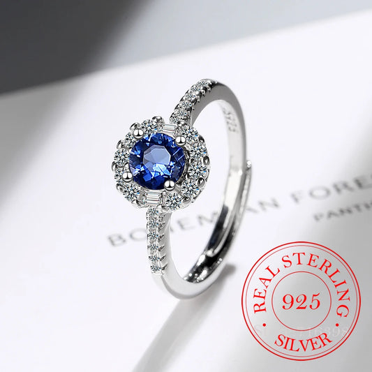 Justerbar Blå Safir Ring i 925 Sterling Sølv med Krystall Zircon